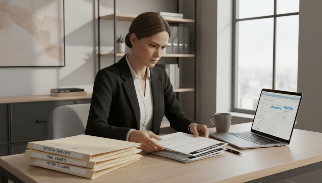 Attorney preparing different types of subpoenas at desk with case files