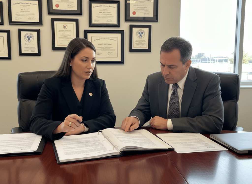 Certified court reporter reviewing transcript with attorney in professional office