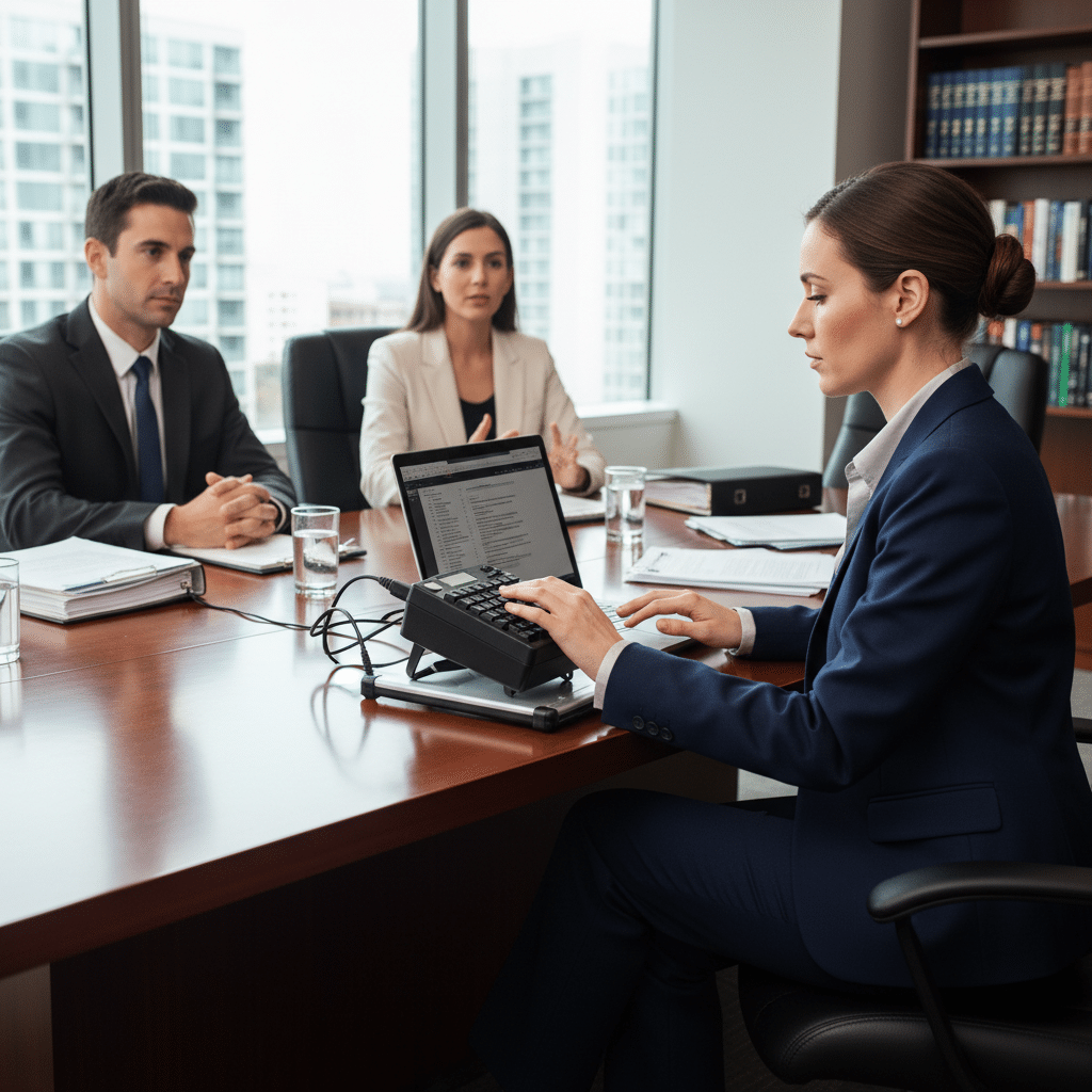 Court reporter taking testimony in legal deposition