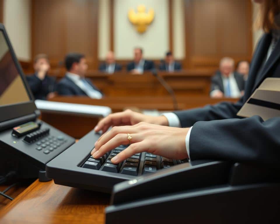 Court stenographer operating stenotype machine during official legal proceeding