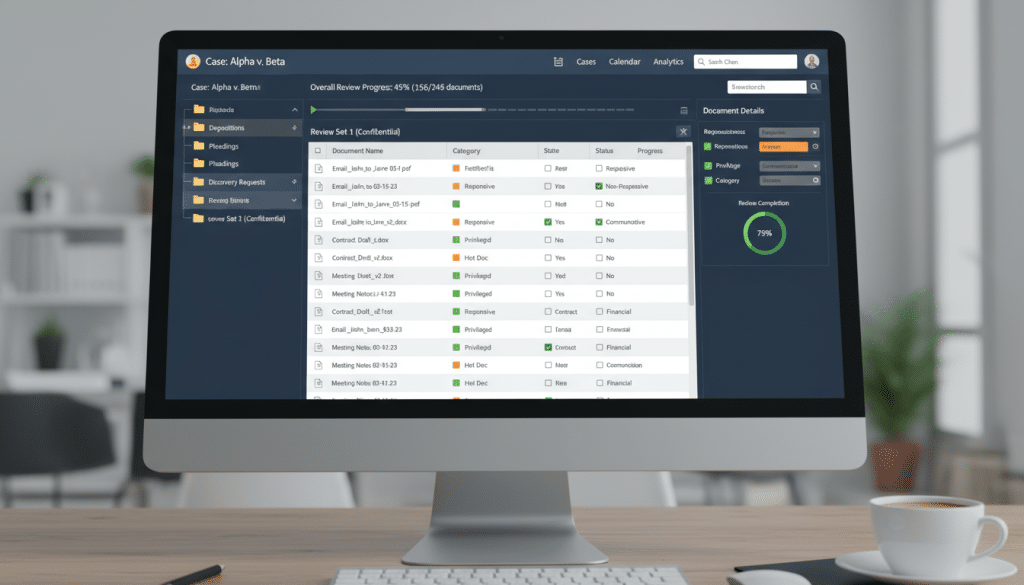 Document review set organization interface with folders and categories