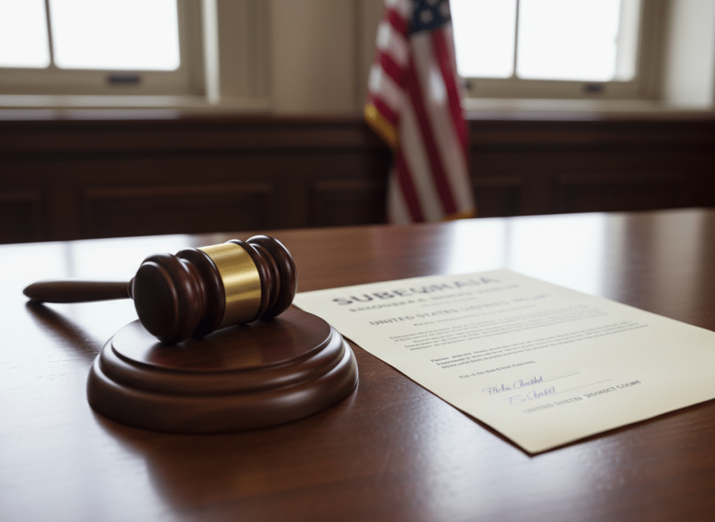 Gavel and subpoena document on judge's bench in courtroom