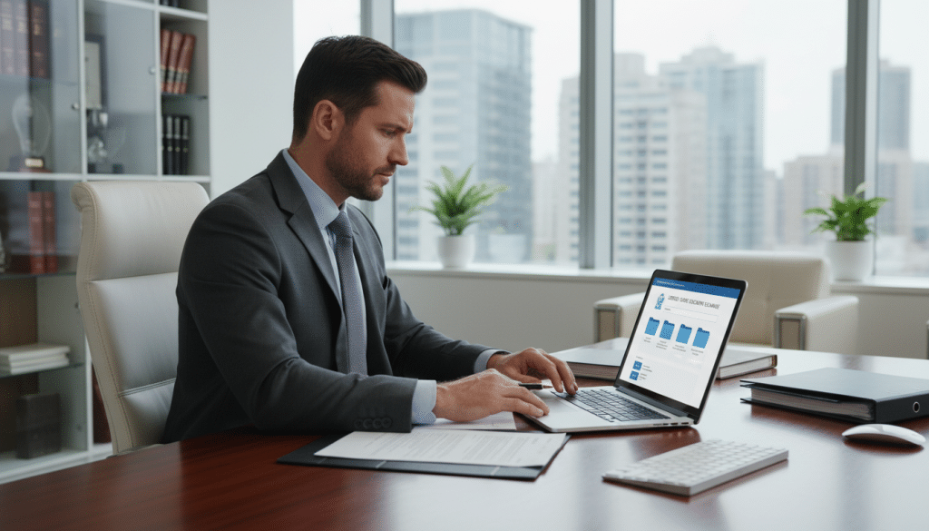 Lawyer reviewing medical records on secure online portal from laptop in office