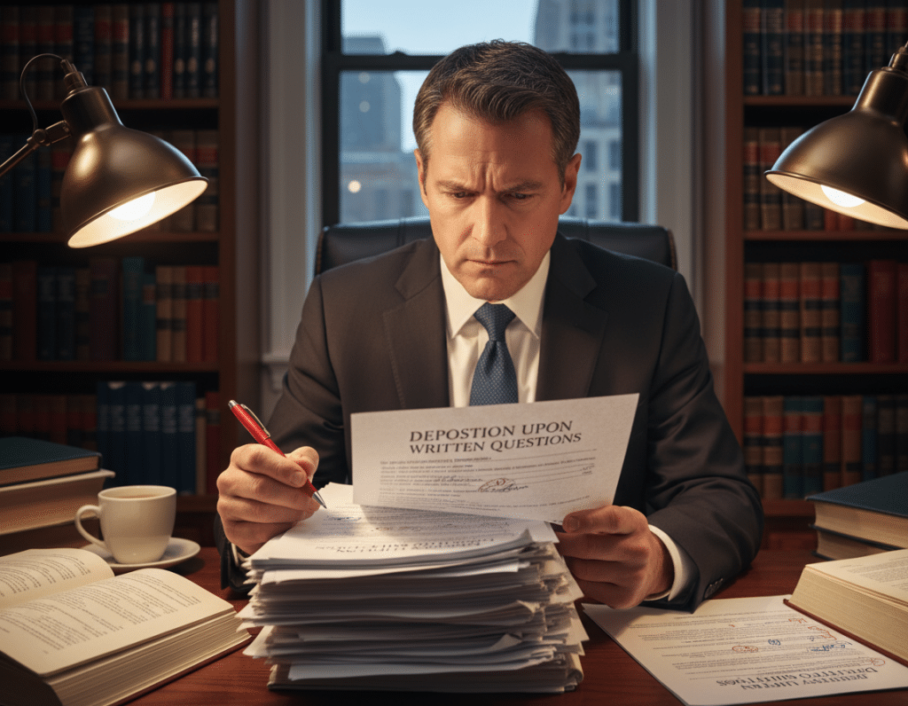 Legal professional reviewing complex deposition written questions