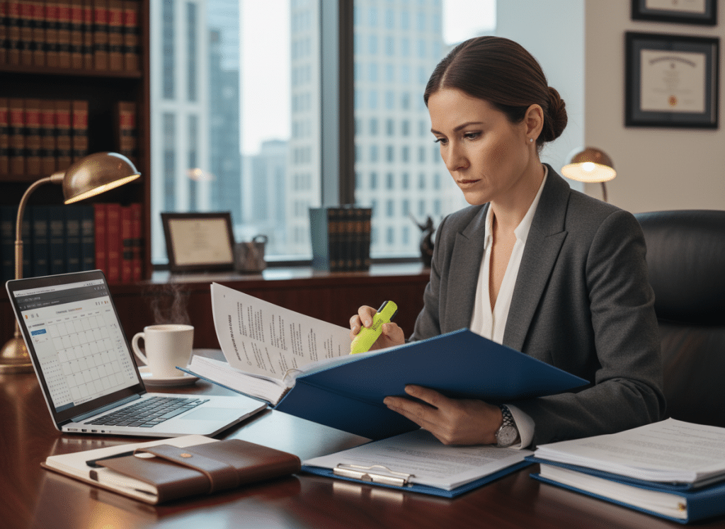 Legal professional reviewing written deposition questions document