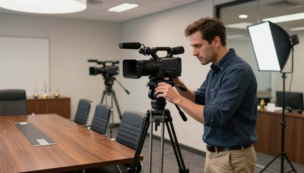 Legal videographer setting up multi-camera deposition recording