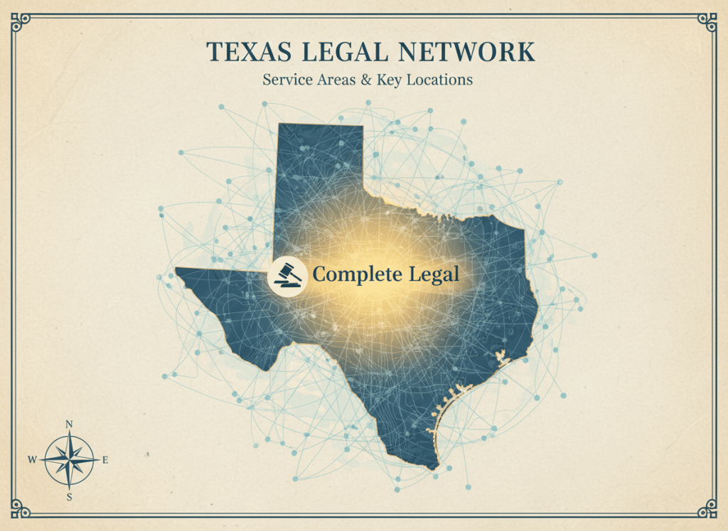 Map showing Complete Legal service area across Texas with Dallas focus