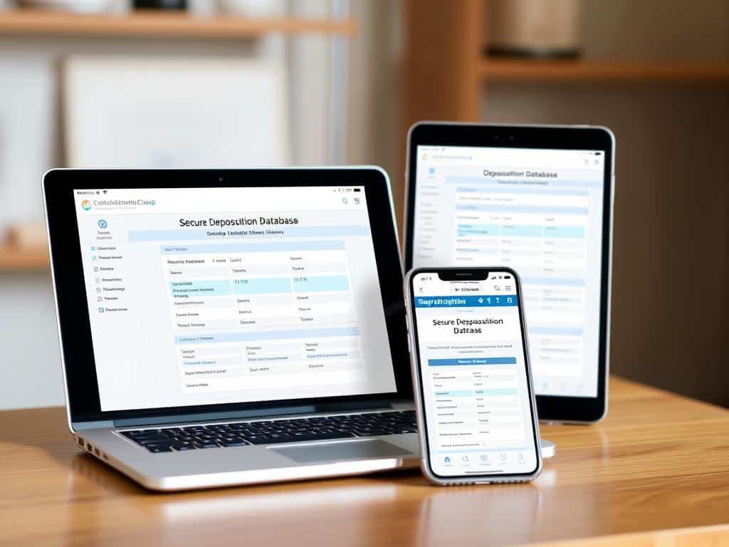 Multiple devices showing synchronized access to deposition database