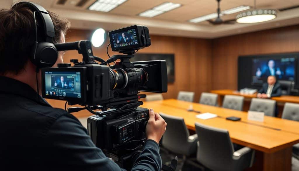 Professional legal videographer recording deposition with broadcast-quality equipment