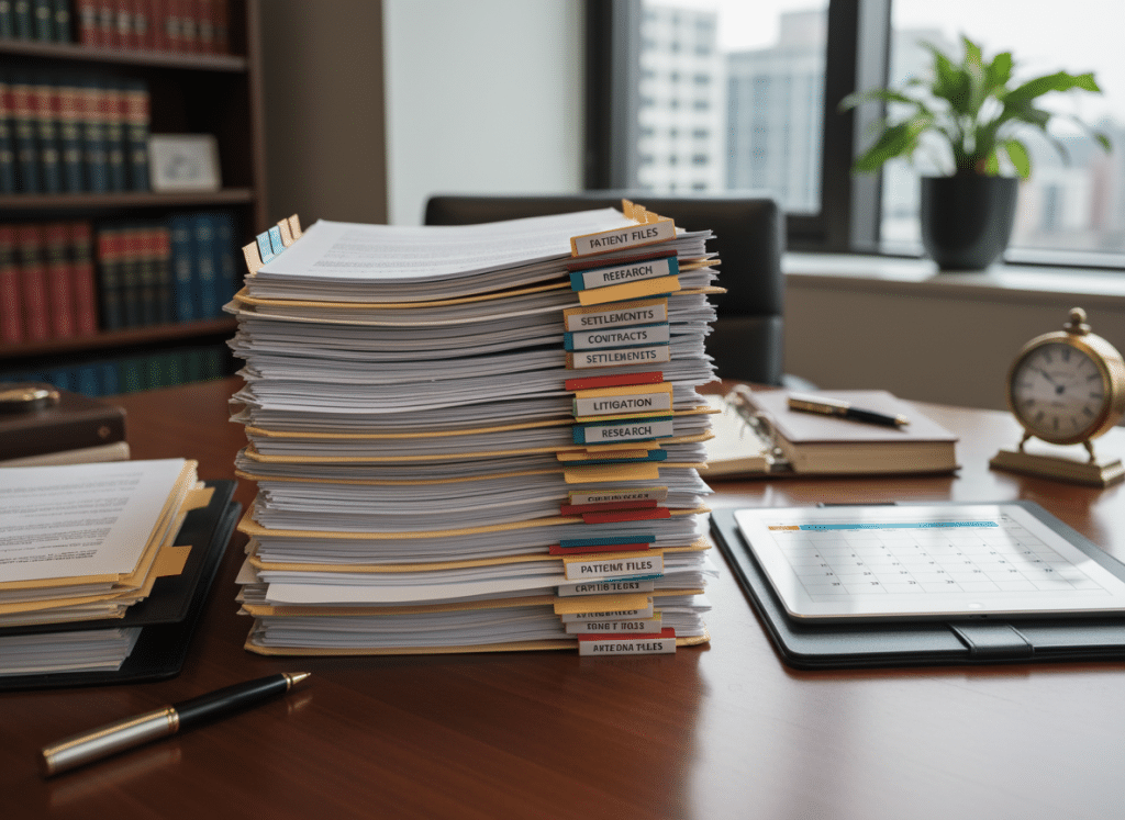 Stack of organized medical records and legal documents ready for case review