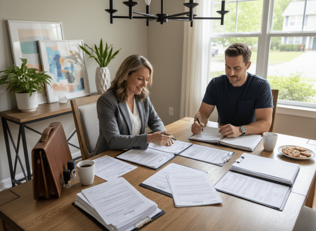 loan signing notary reviewing real estate documents with buyer