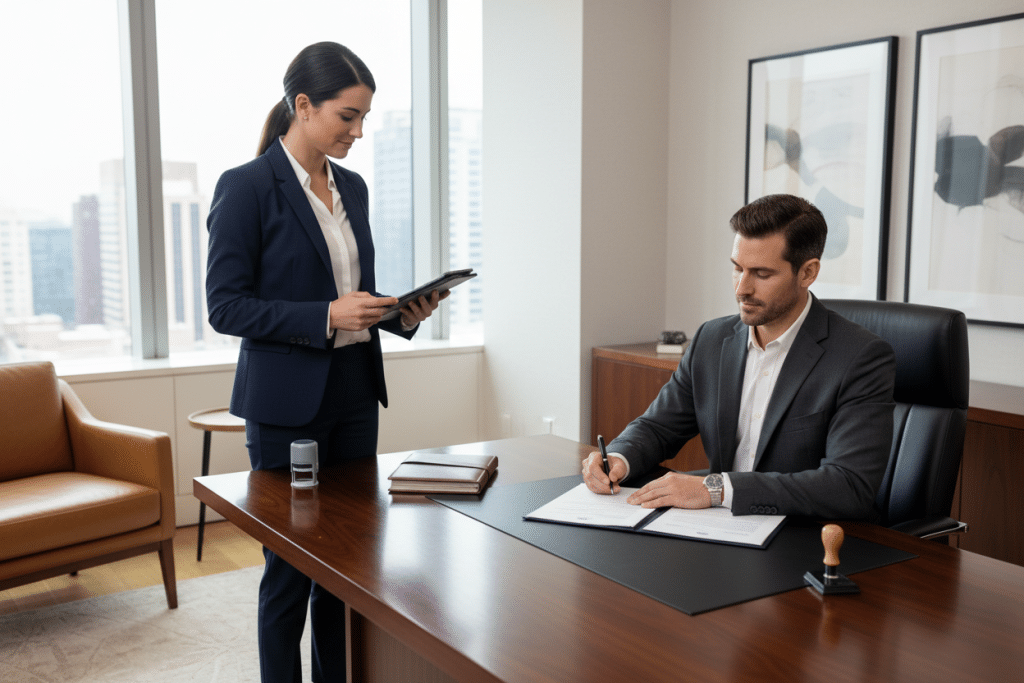 mobile notary accommodating busy executive at their office