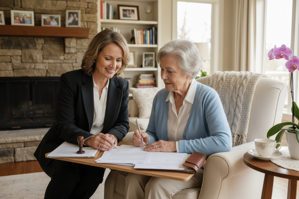 mobile notary providing convenient service to elderly client at home