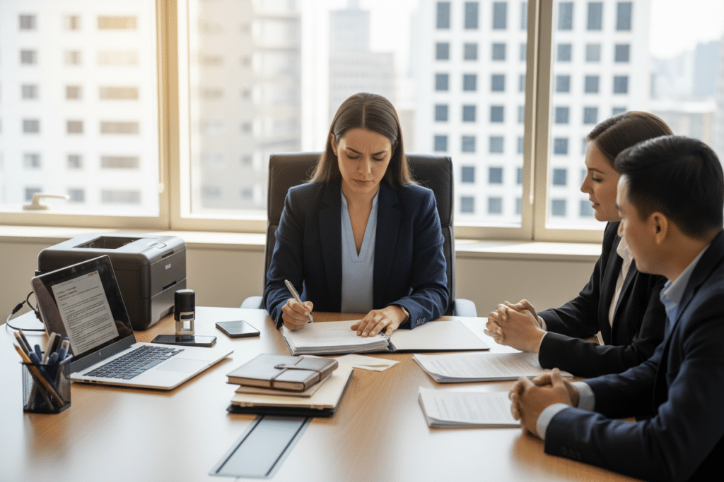 notary maintaining composure while handling last-minute document changes