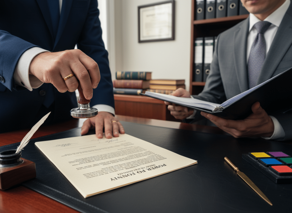 notary public verifying identity and notarizing documents for attorney