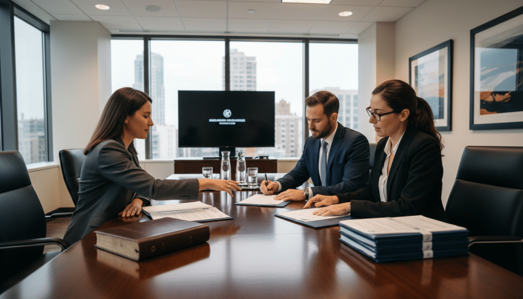 notary services being performed at client location with documents spread on conference table