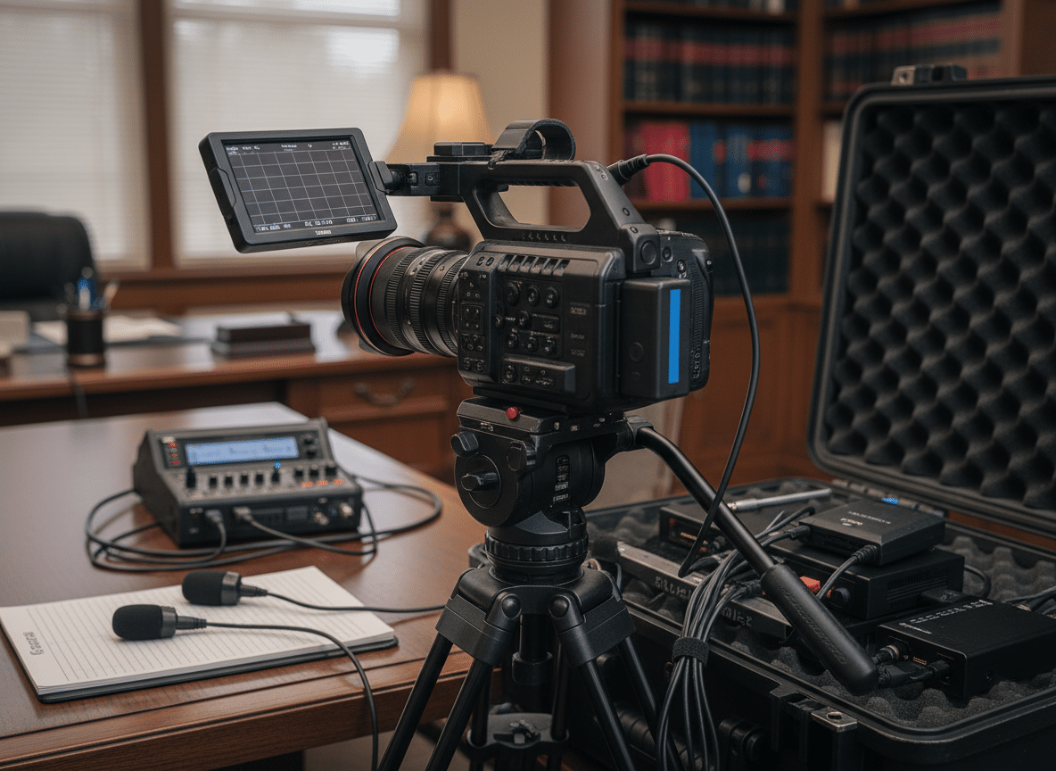 Close-up of professional video deposition equipment including HD camera, microphones, and recording devices in legal setting